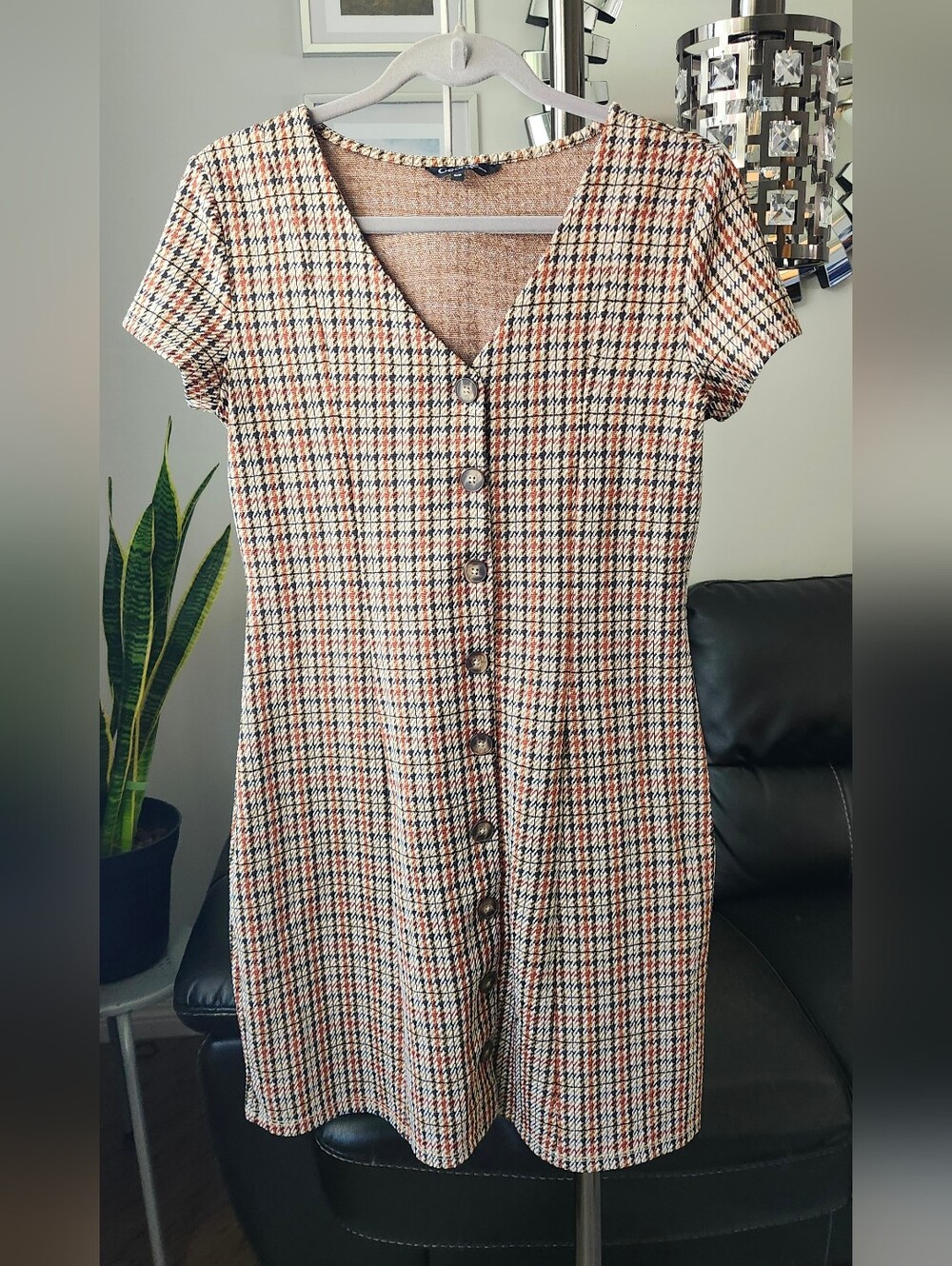Button-Front Plaid Mini Dress in Rust & Black - Picture 2 of 6